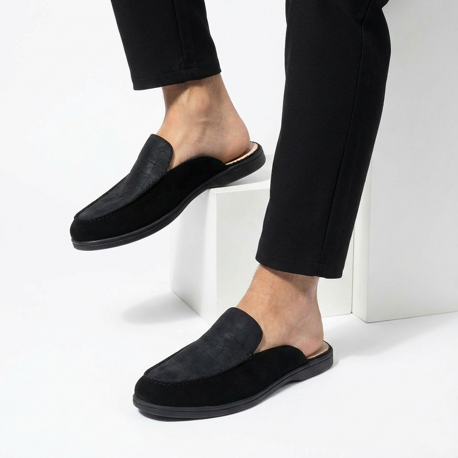 Mules homme en cuir grain croco noires