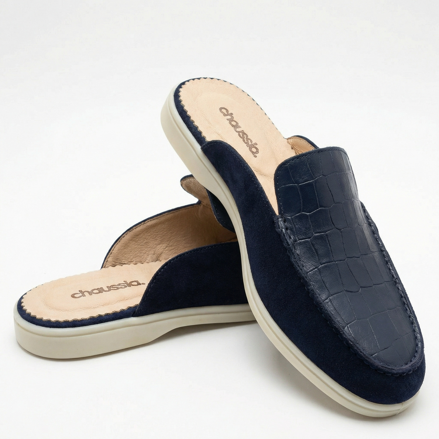 Mules Homme en Cuir Grain Croco  bleu