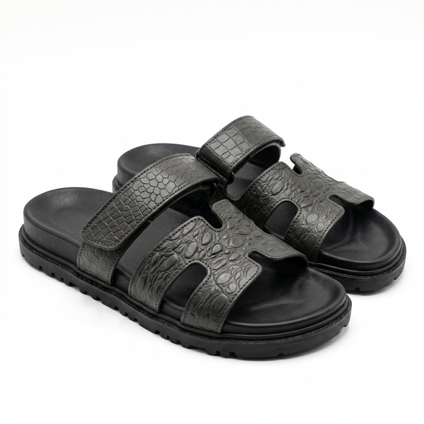 Sandales Homme Cuir Effet Croco Kaki