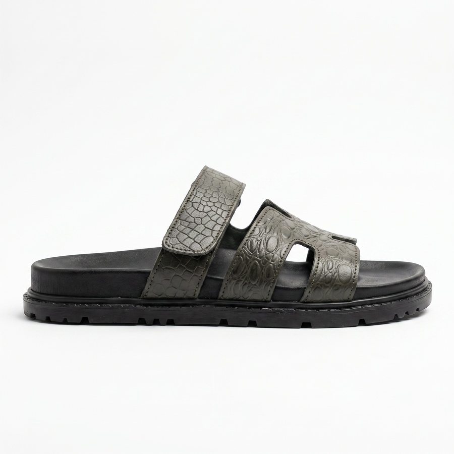 Sandales Homme Cuir Effet Croco Kaki