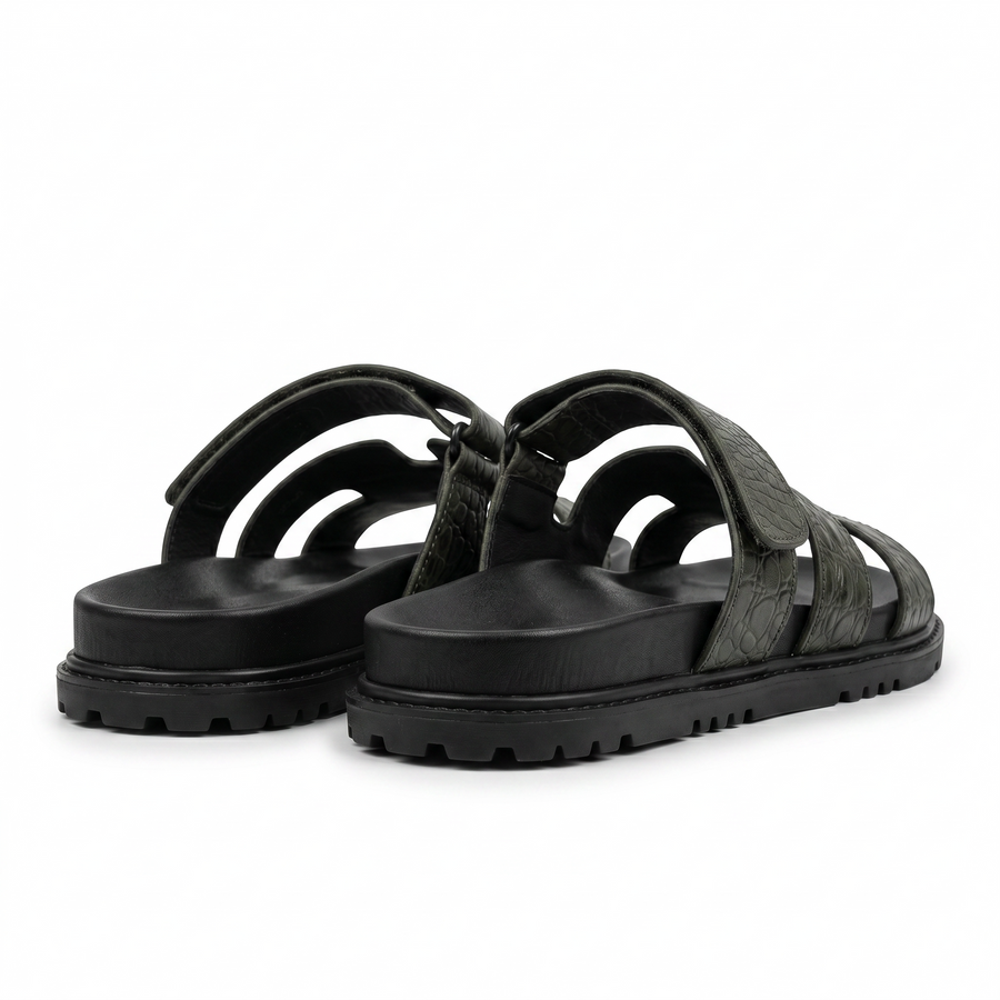 Sandales Homme Cuir Effet Croco Kaki