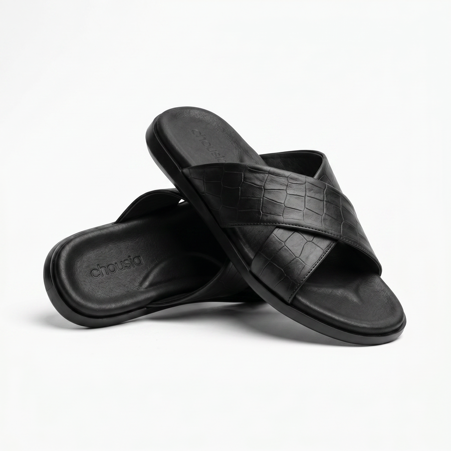 Sandales Homme en Cuir  – Brides Croisées “X” Effet Croco Noir