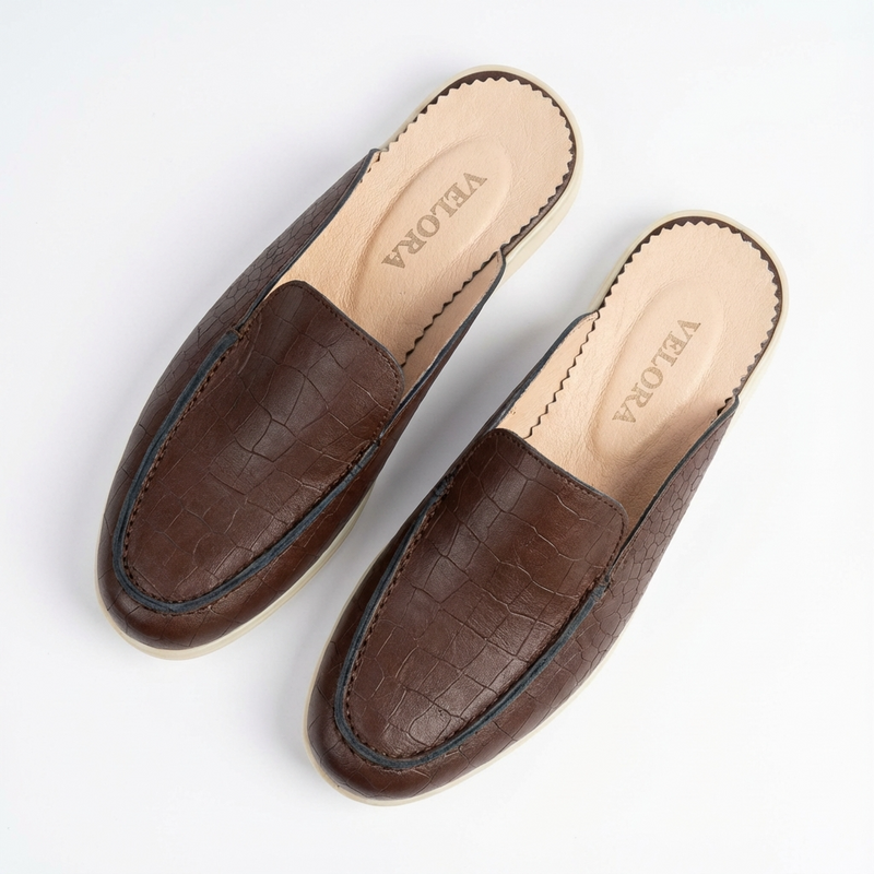 Mules Homme en Cuir Grain Croco Marron