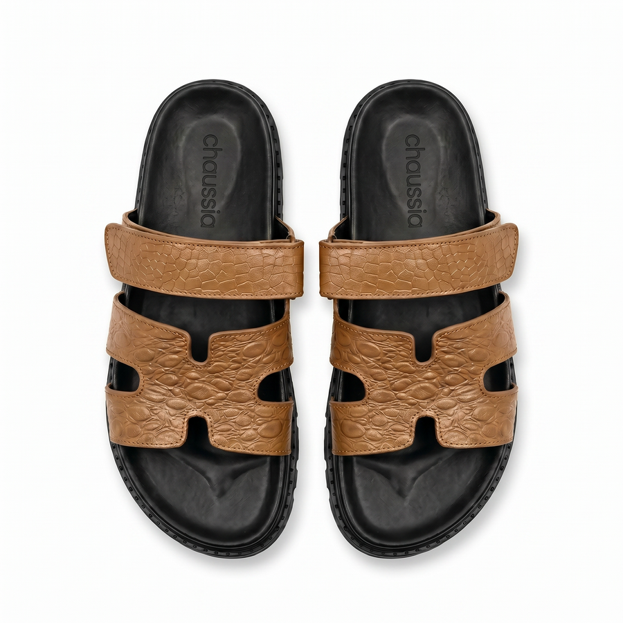 Sandales Homme Cuir Effet Croco Cognac
