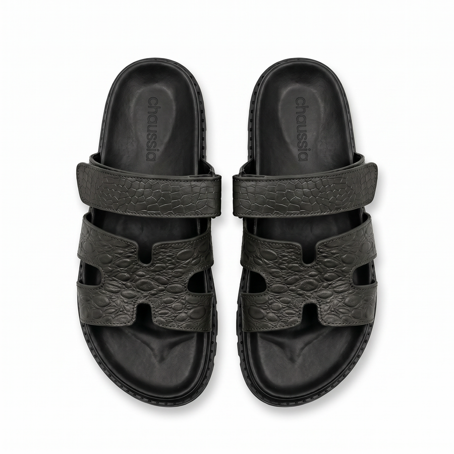 Sandales Homme Cuir Effet Croco Kaki