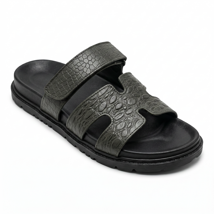 Sandales Homme Cuir Effet Croco Kaki