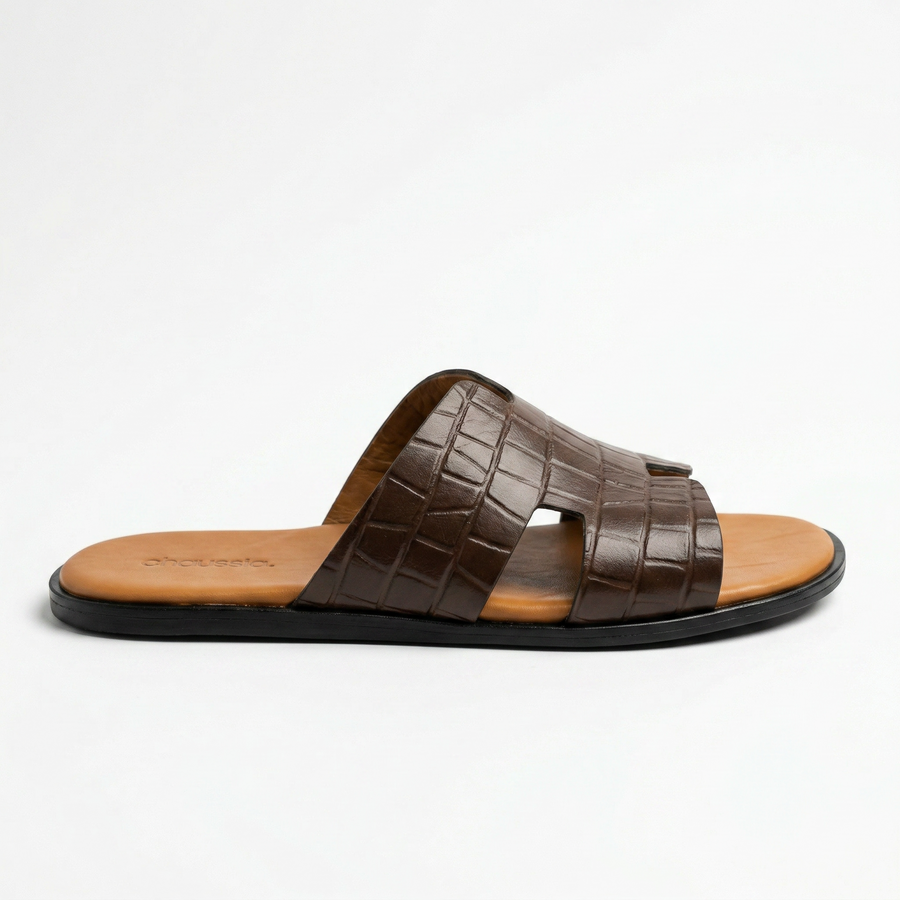 Sandales Homme Cuir Effet Croco Marron
