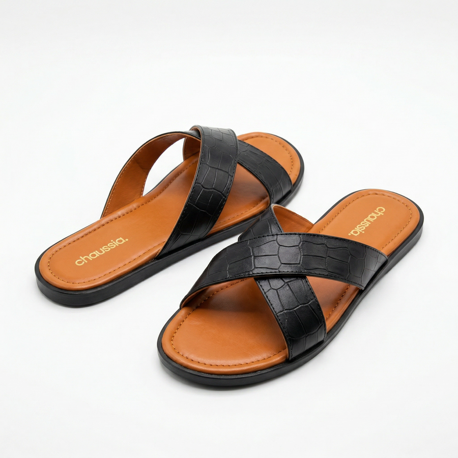 Sandales Homme Noires à Brides Croisées Effet Croco