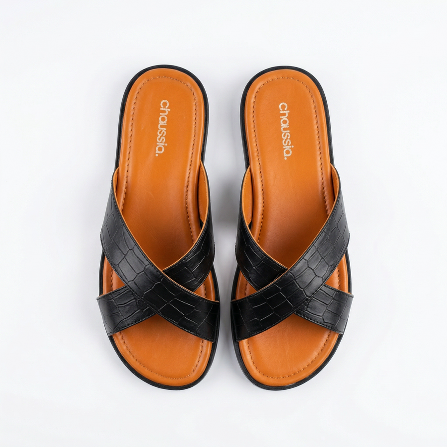 Sandales Homme Noires à Brides Croisées Effet Croco
