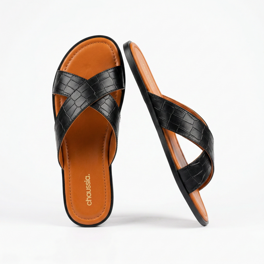 Sandales Homme Noires à Brides Croisées Effet Croco