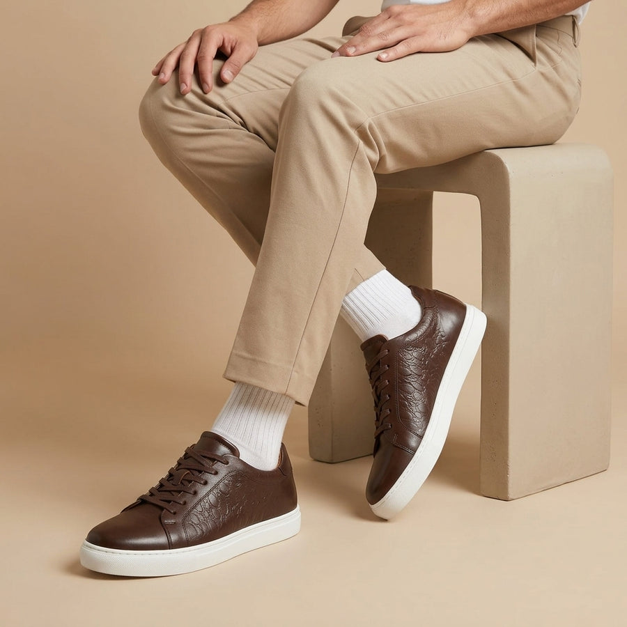 Sneakers Homme Cuir Embossé Marron
