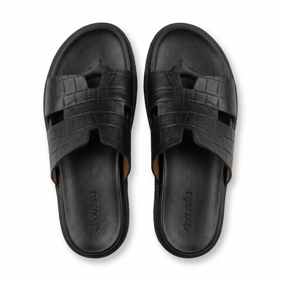 Sandales Homme en Cuir – Bride “H” Effet Croco Noir