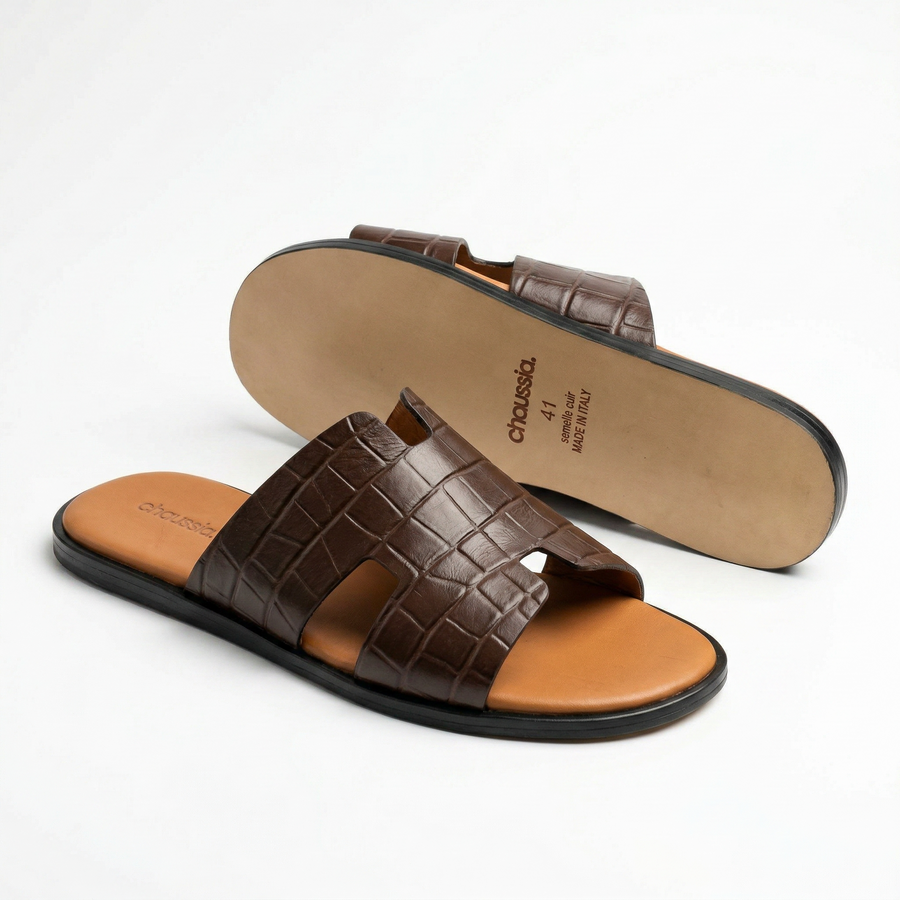 Sandales Homme Cuir Effet Croco Marron