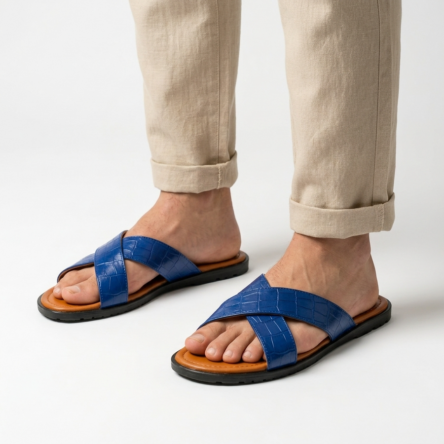 Sandales Homme Cuir Effet Croco Bleu