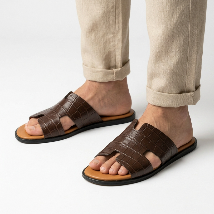 Sandales Homme Cuir Effet Croco Marron