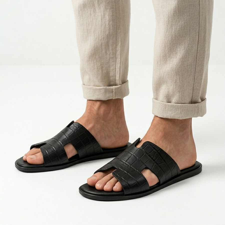 Sandales Homme Cuir Effet Croco Noir