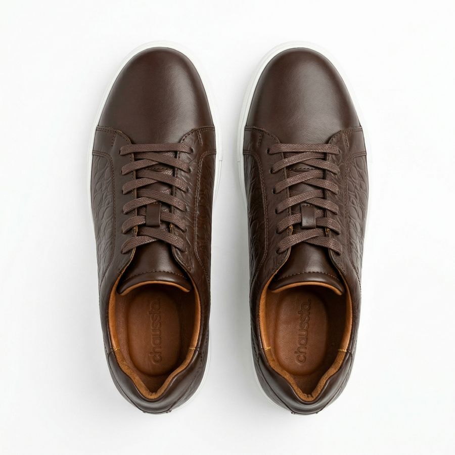 Sneakers Homme Cuir Embossé Marron