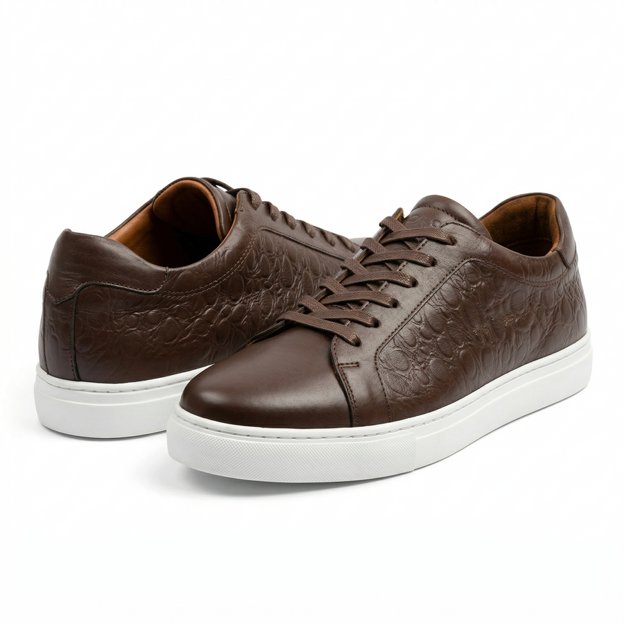 Sneakers Homme Cuir Embossé Marron