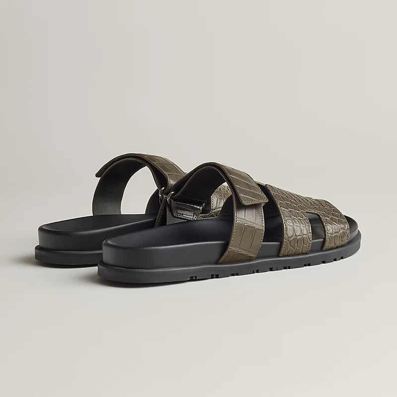 Sandales Homme Cuir Effet Croco Kaki