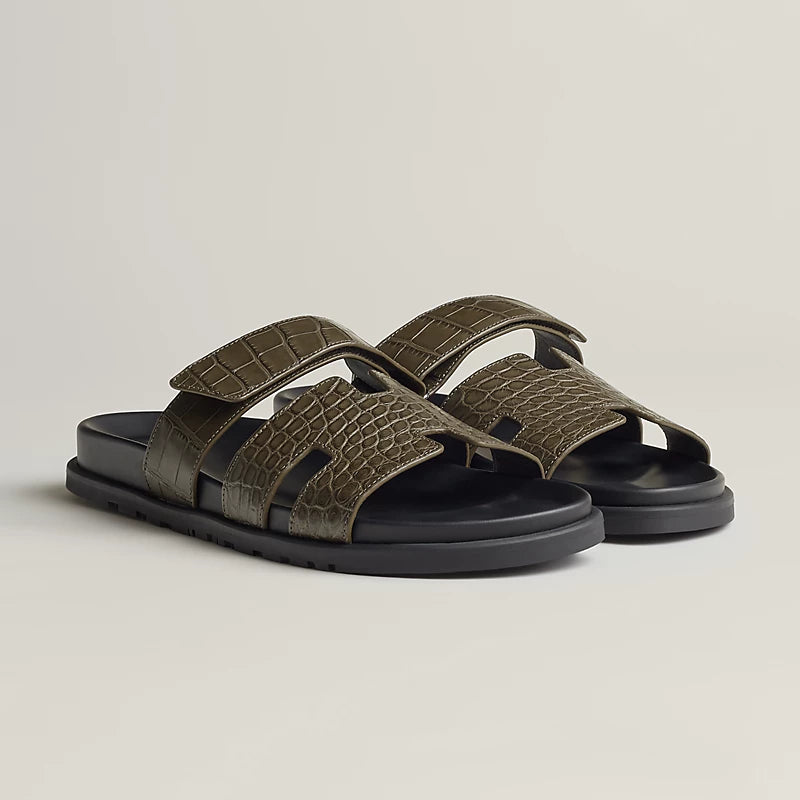 Sandales Homme Cuir Effet Croco Kaki