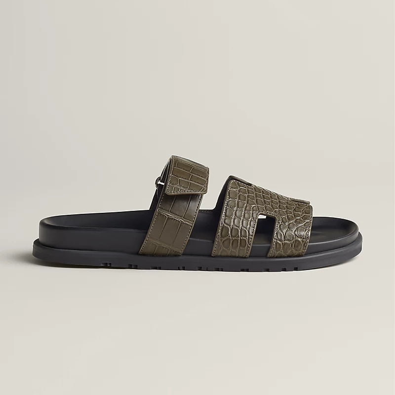 Sandales Homme Cuir Effet Croco Kaki