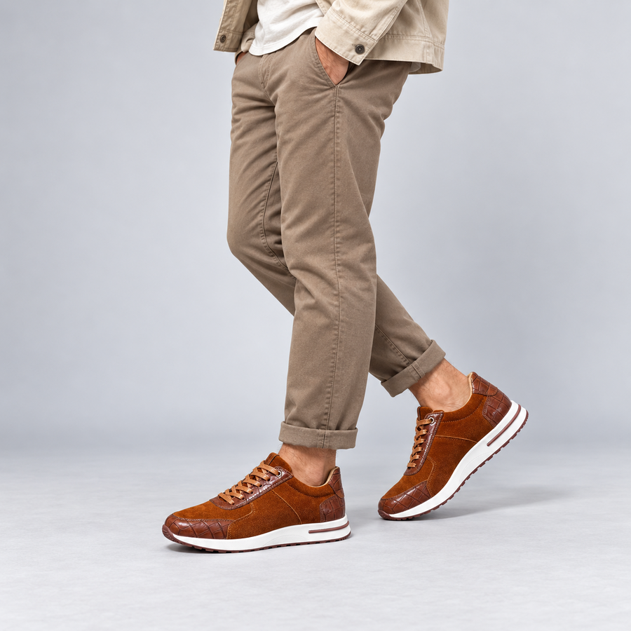 Sneakers Homme Effet Daim & Cuir Texturé Camel